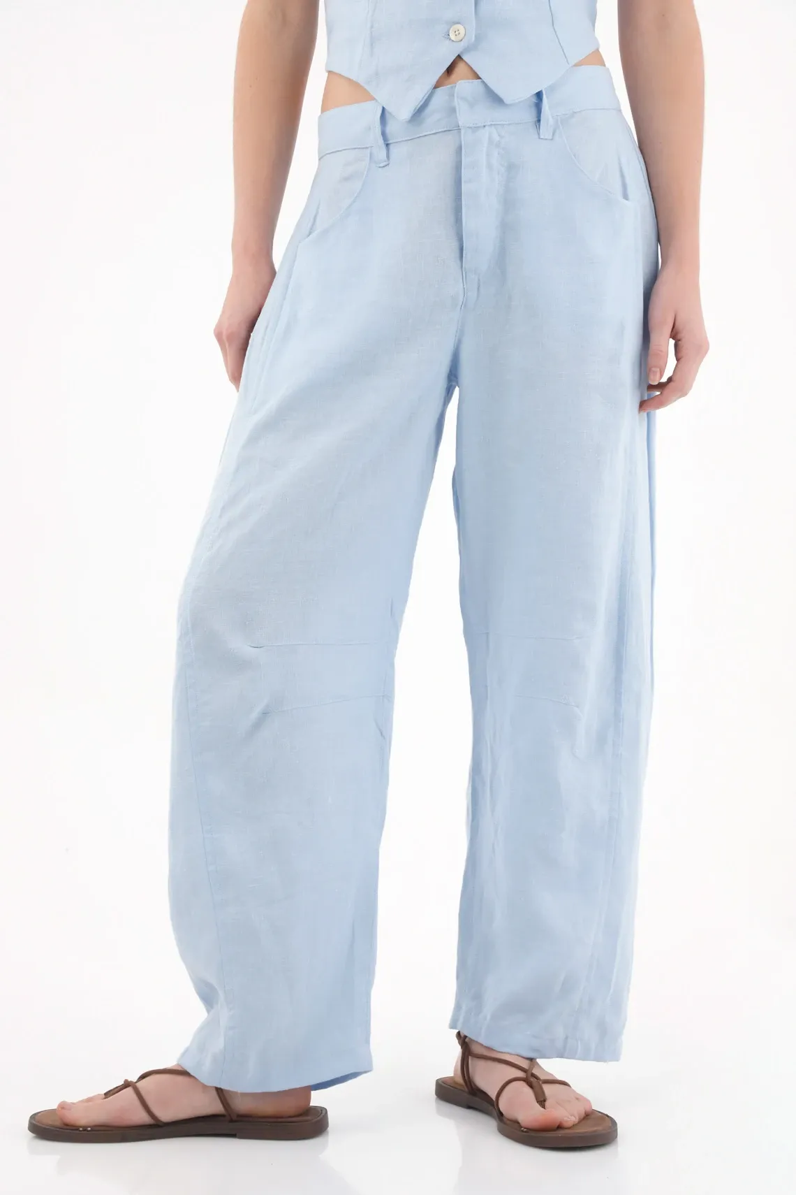 Pantalón en lino con bolsillos azul para mujer