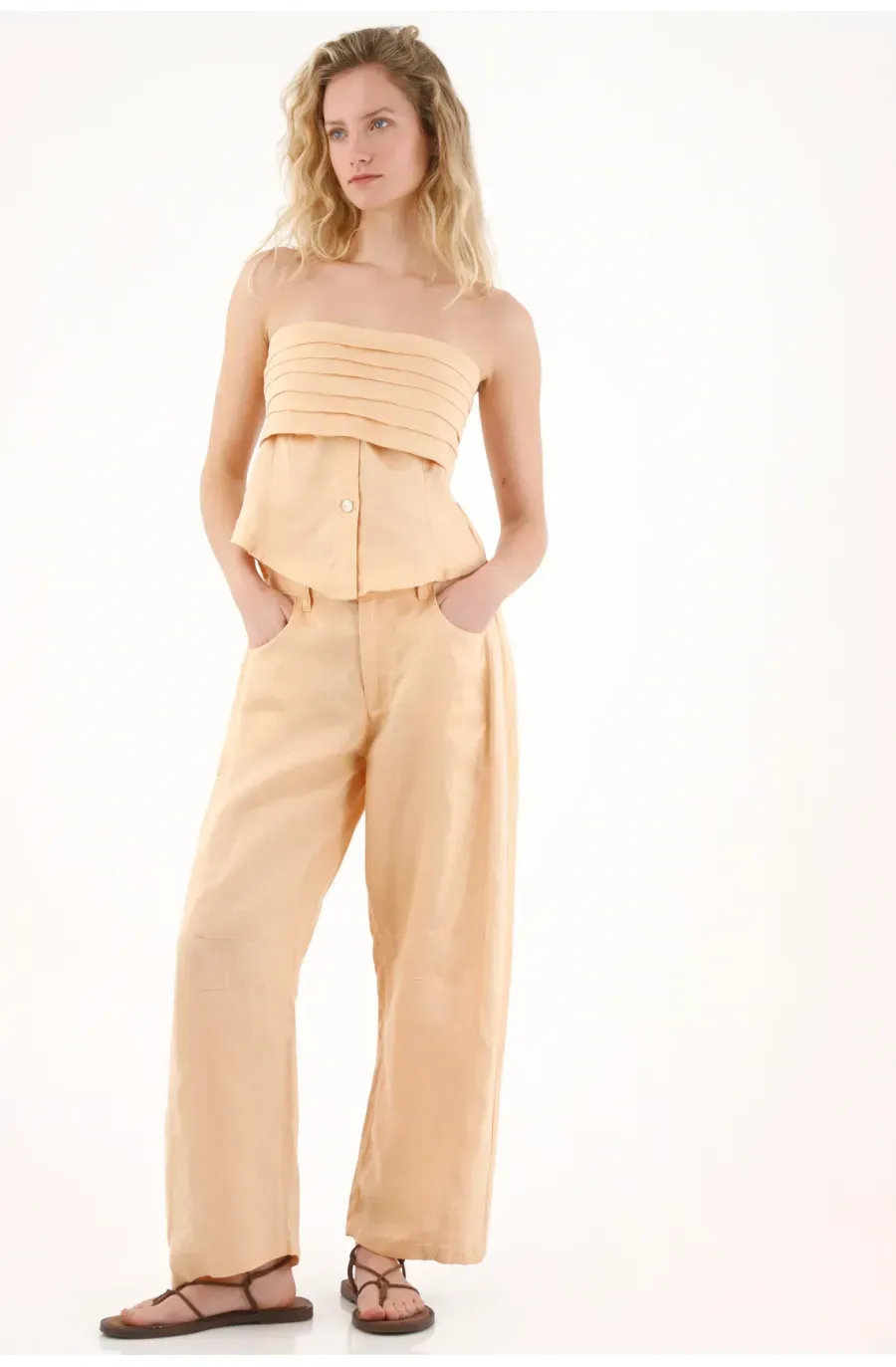 Pantalón en lino con bolsillos naranja para mujer