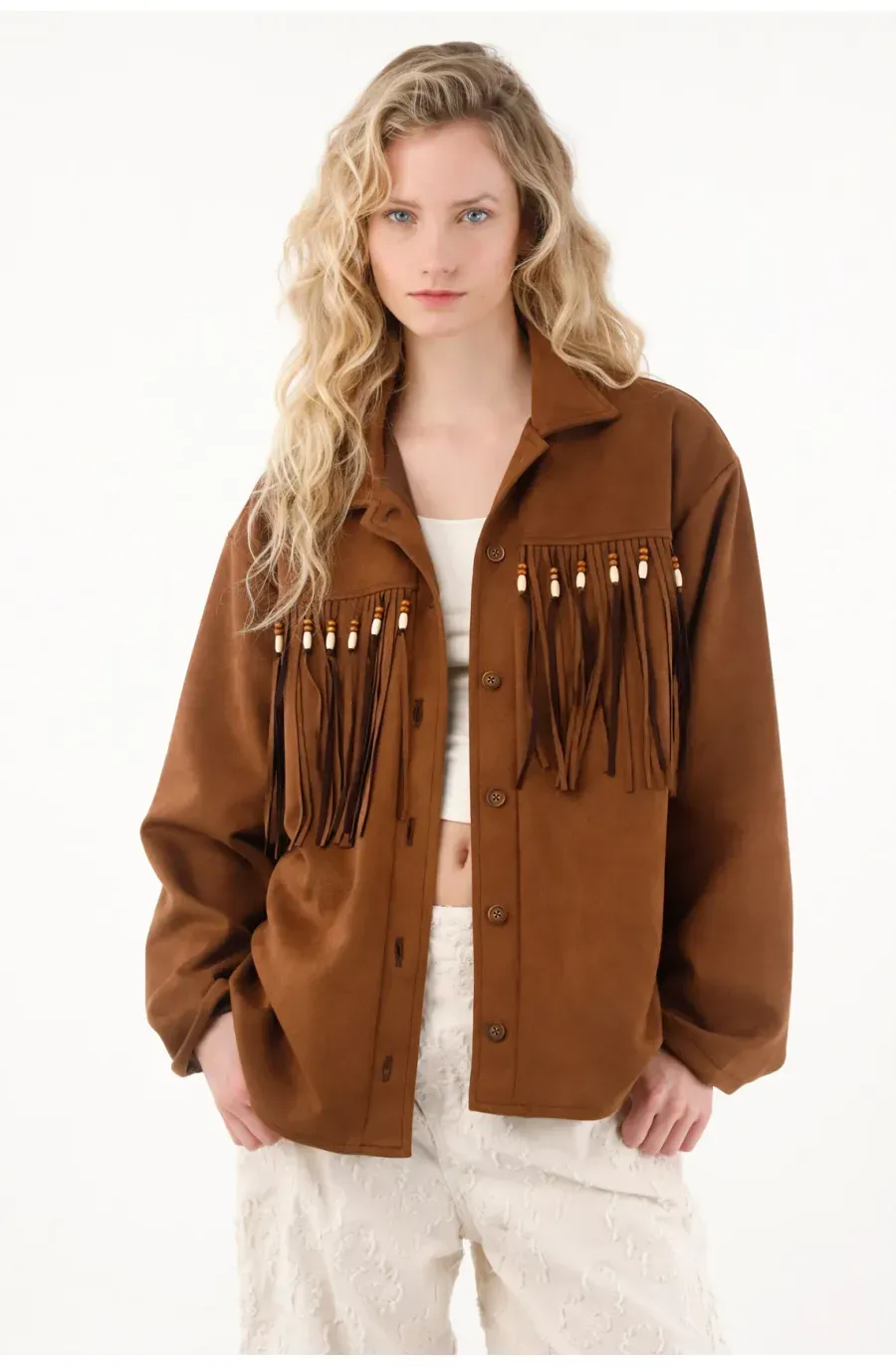 Chaqueta con flecos café para mujer