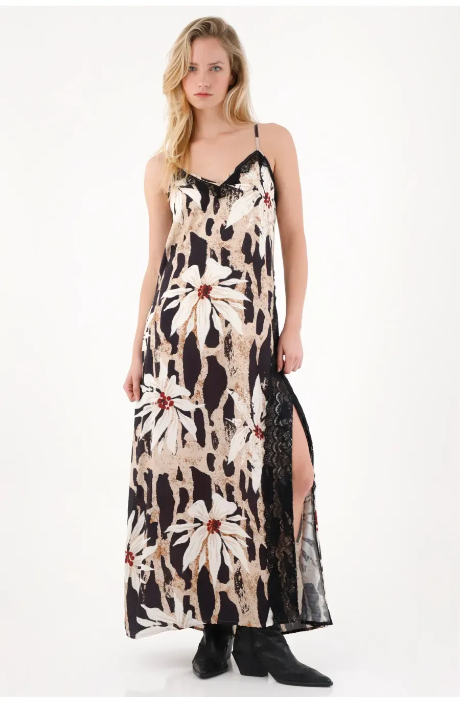 Vestido largo de flores con encaje para mujer