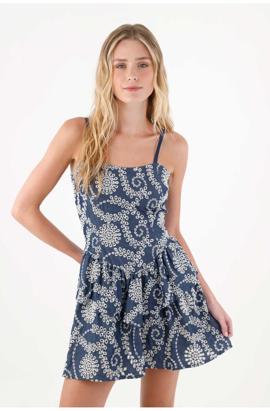Vestido corto con detalles bordados azul para mujer