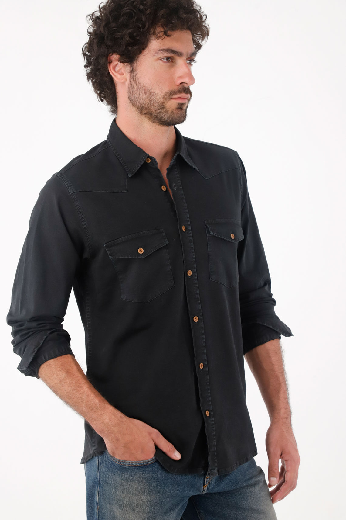 Camisa en dril con bolsillos negra para hombre