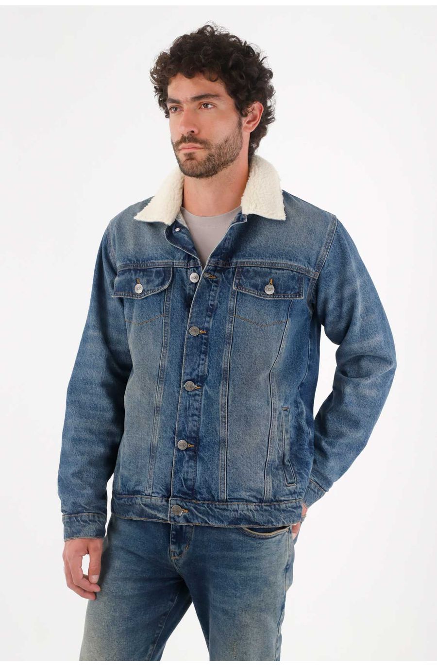 Abrigo para hombre algodón azul fit recto con borreguito