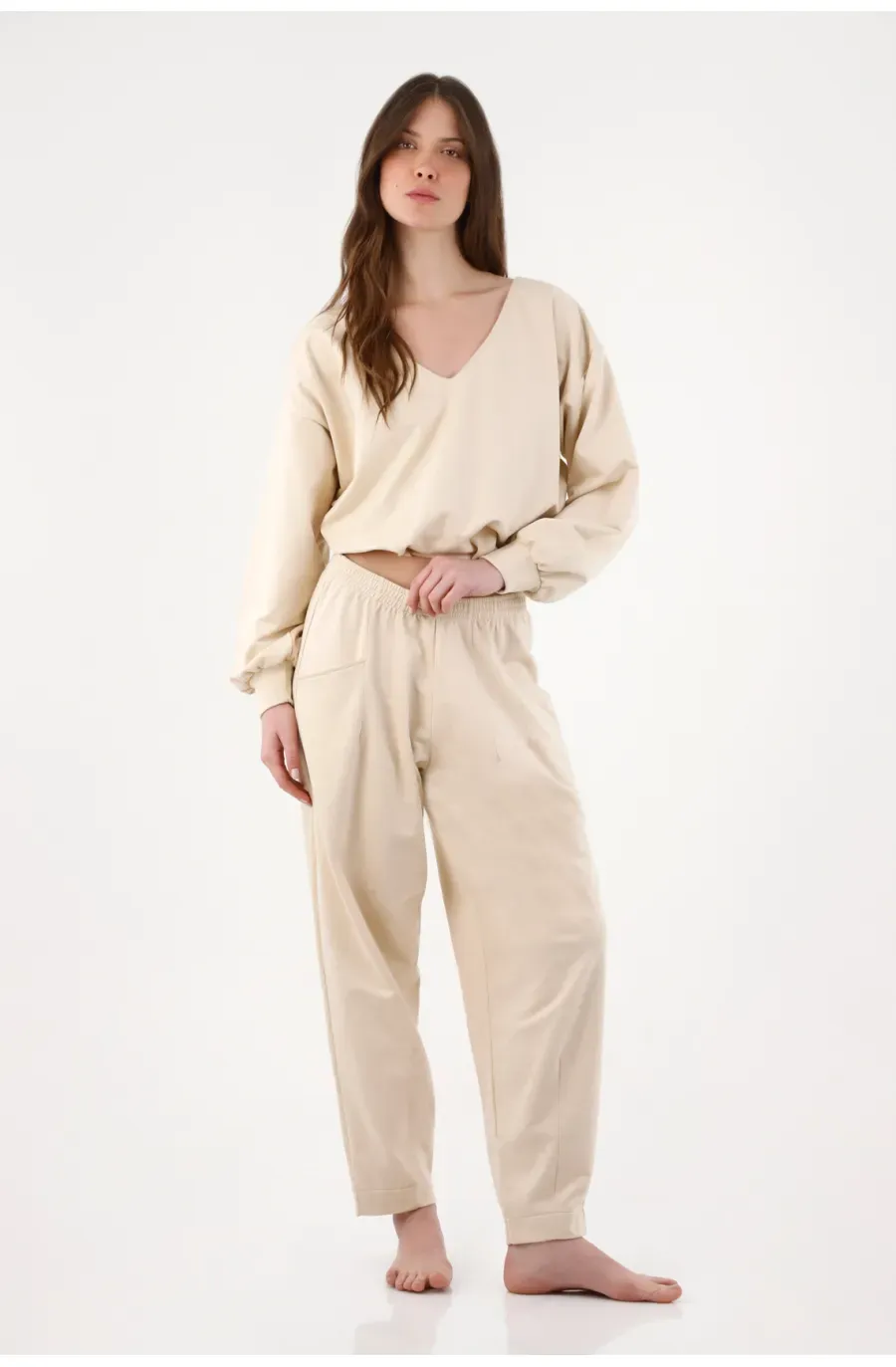 Pantalón para mujer algodón beige fit relajado con cintura elástica
