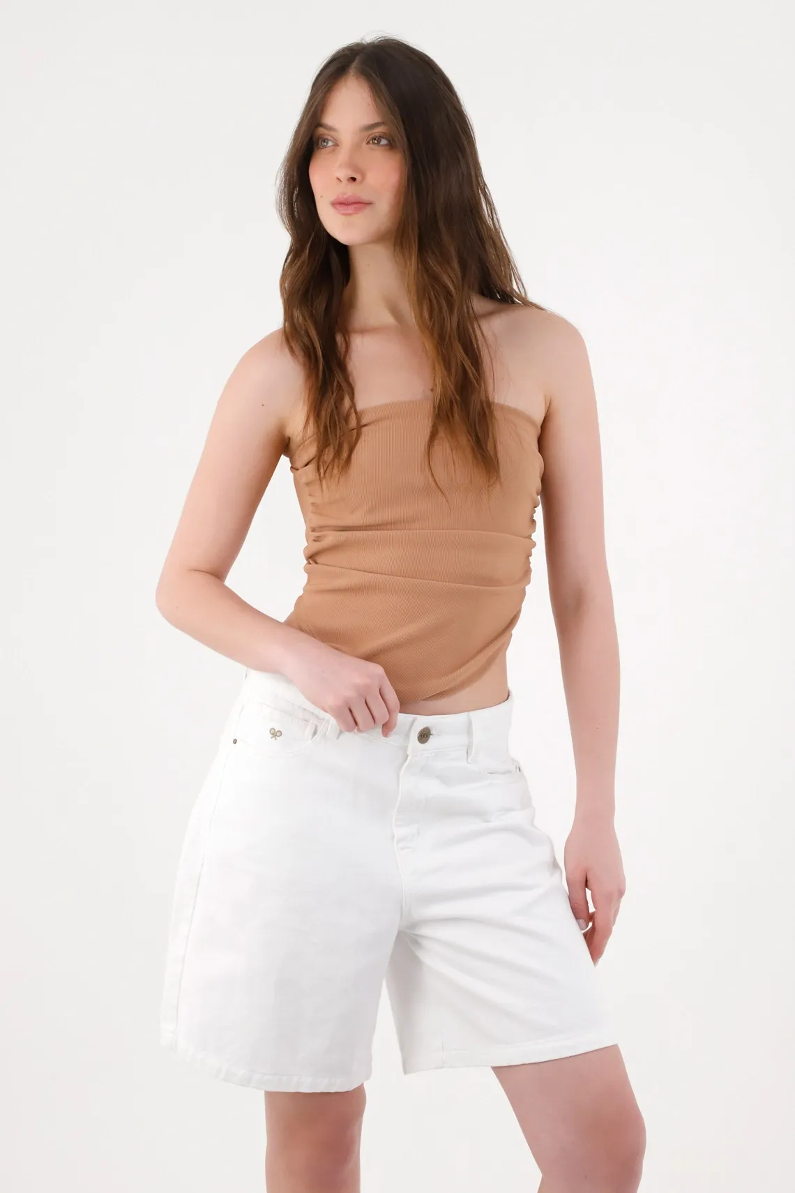 Bermuda para mujer algodón blanco tiro alto con largo recto
