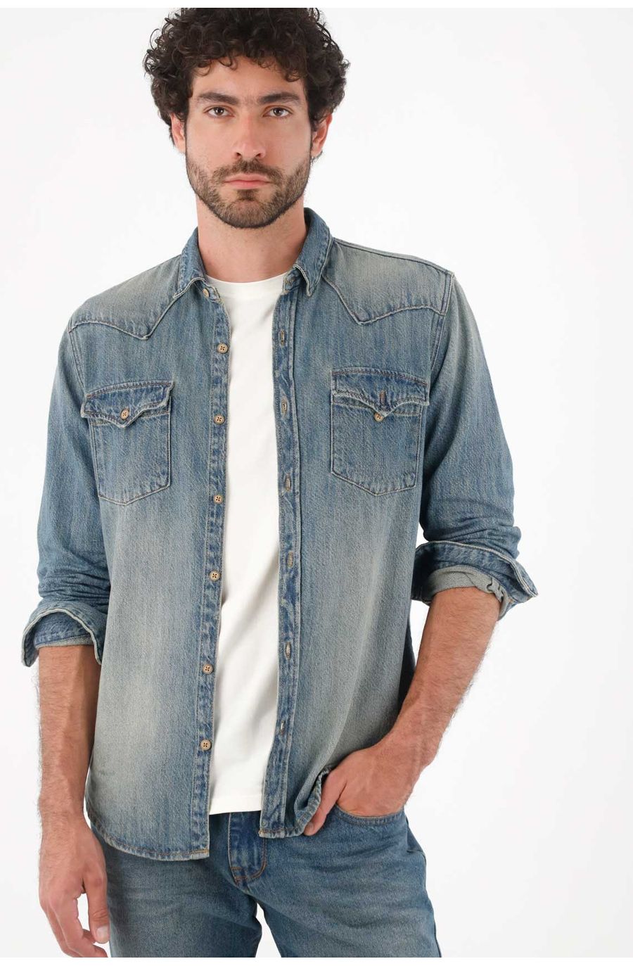 Camisa para hombre de algodón índigo fit relajado lavado vintage