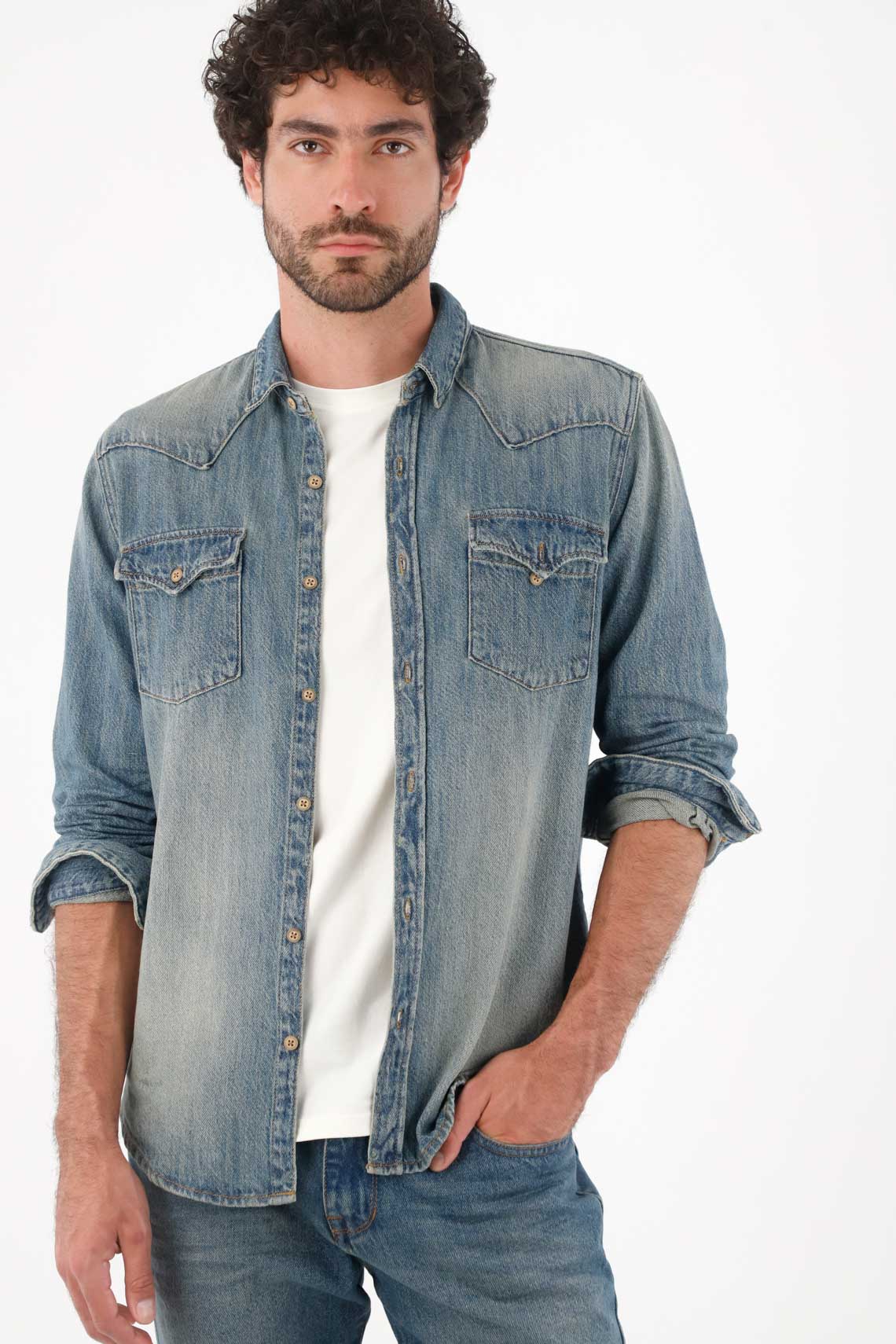 Camisa para hombre de algodón índigo fit relajado lavado vintage