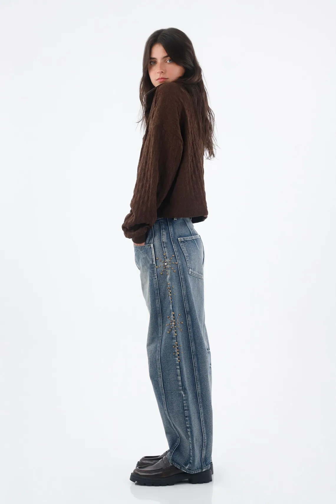 Jean para mujer algodón azul medio horseshoe con taches