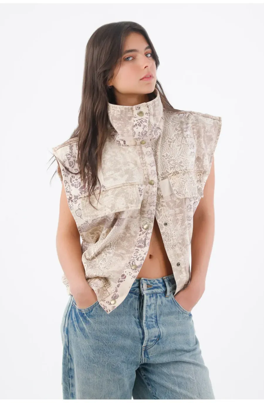 Chaleco para mujer en algodón beige fit relajado estampado