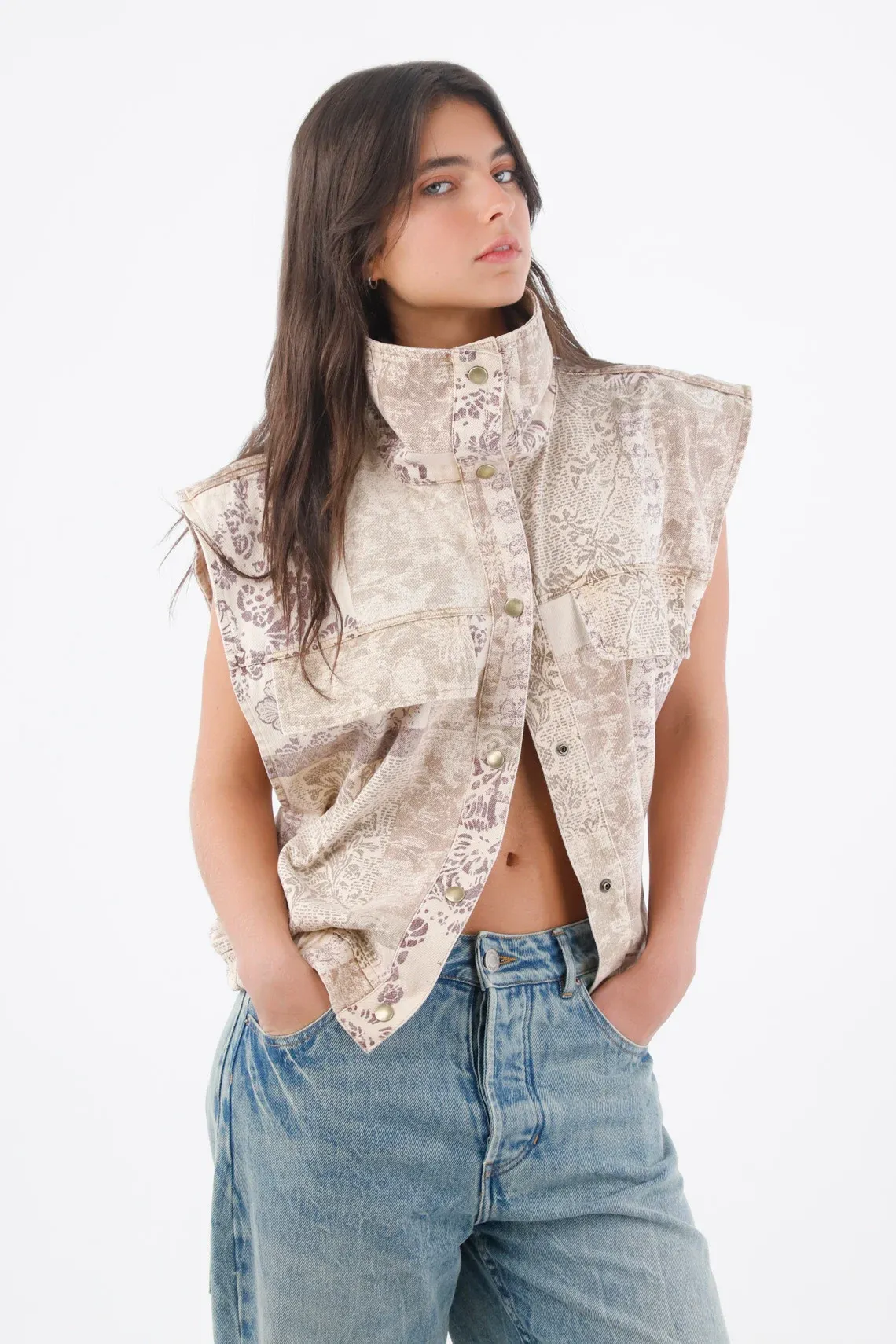 Chaleco para mujer en algodón beige fit relajado estampado