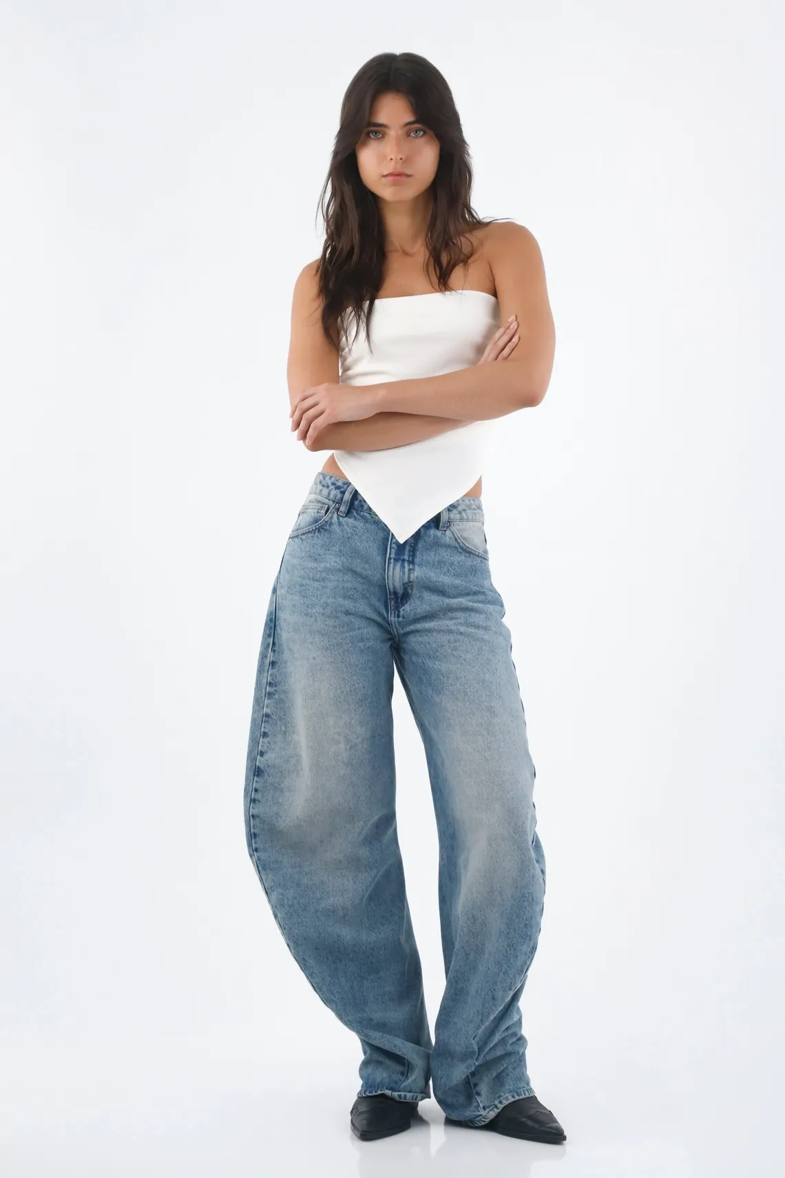 Jean para mujer en algodón azul silueta horseshoe con pretina