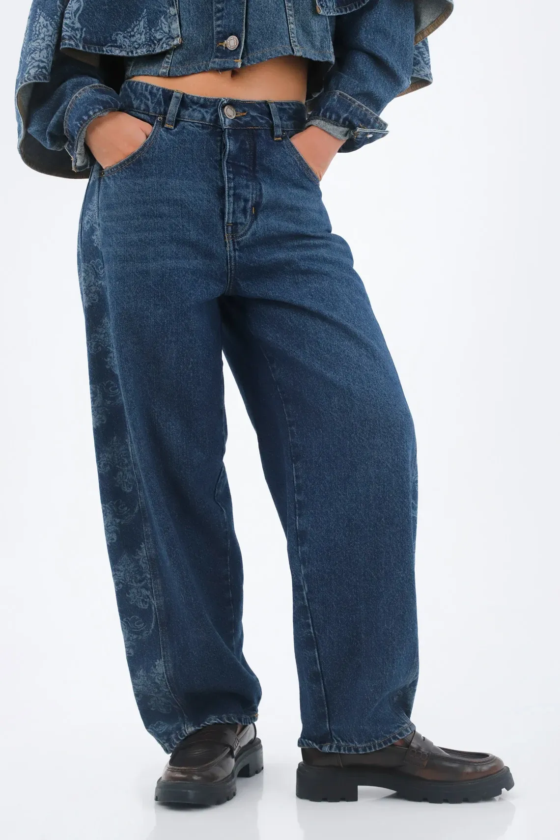 Jean para mujer de algodón azul índigo fit horseshoe con lateral estampado tonal