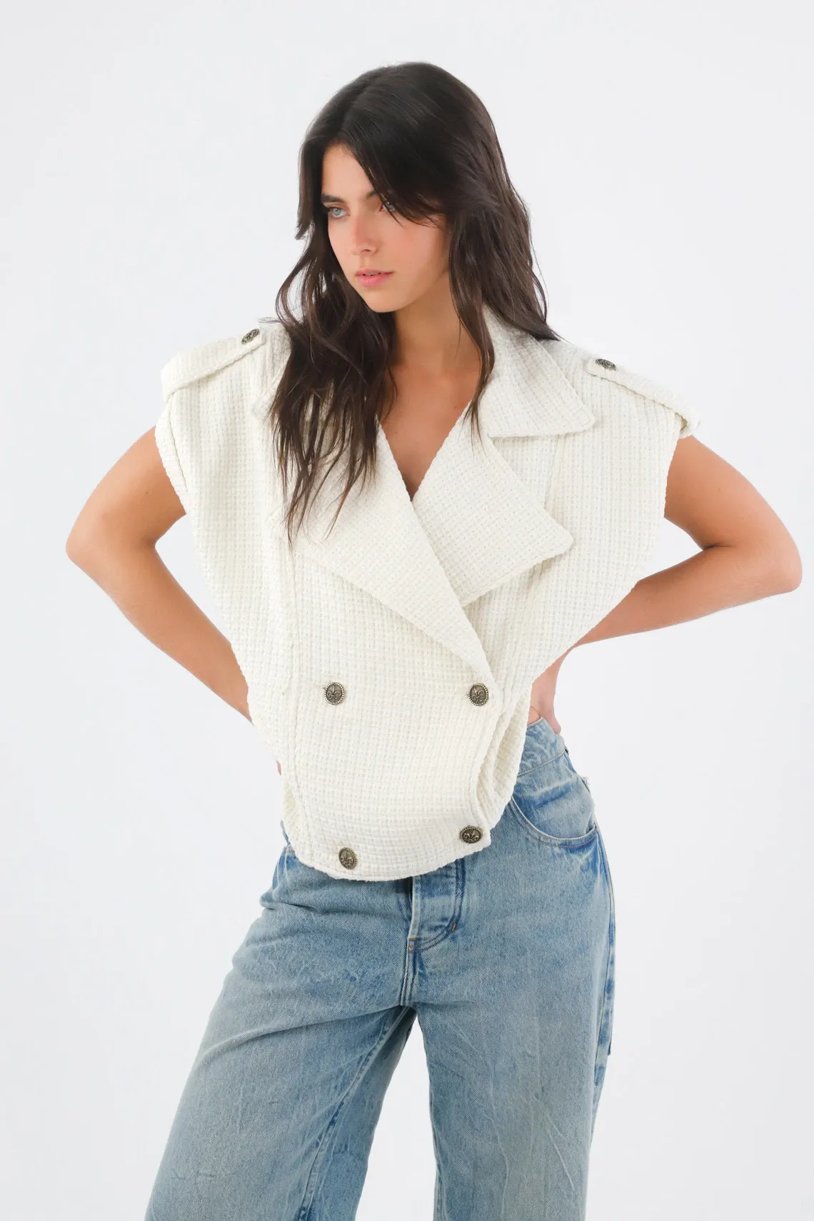 Chaleco para mujer en poliéster blanco sastre cruzado con botones