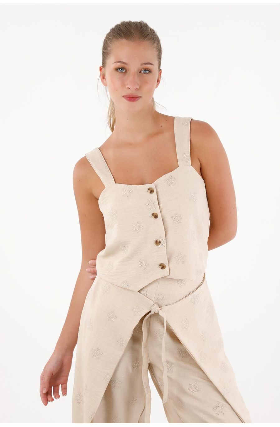 Top de tiras mujer poliéster beige fit relajado con botones