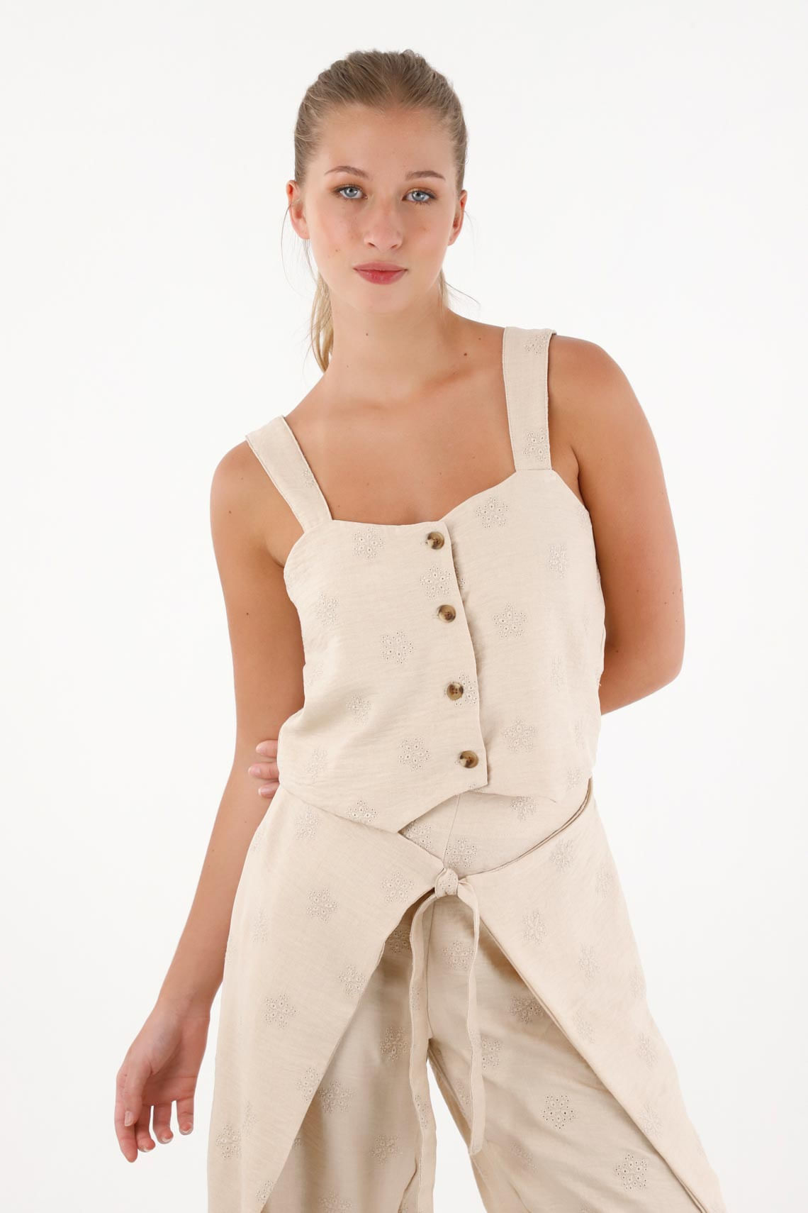 Top de tiras mujer poliéster beige fit relajado con botones