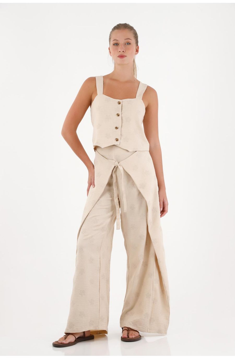 Pantalón para mujer de poliéster beige Wide leg con lazo frontal efecto pareo