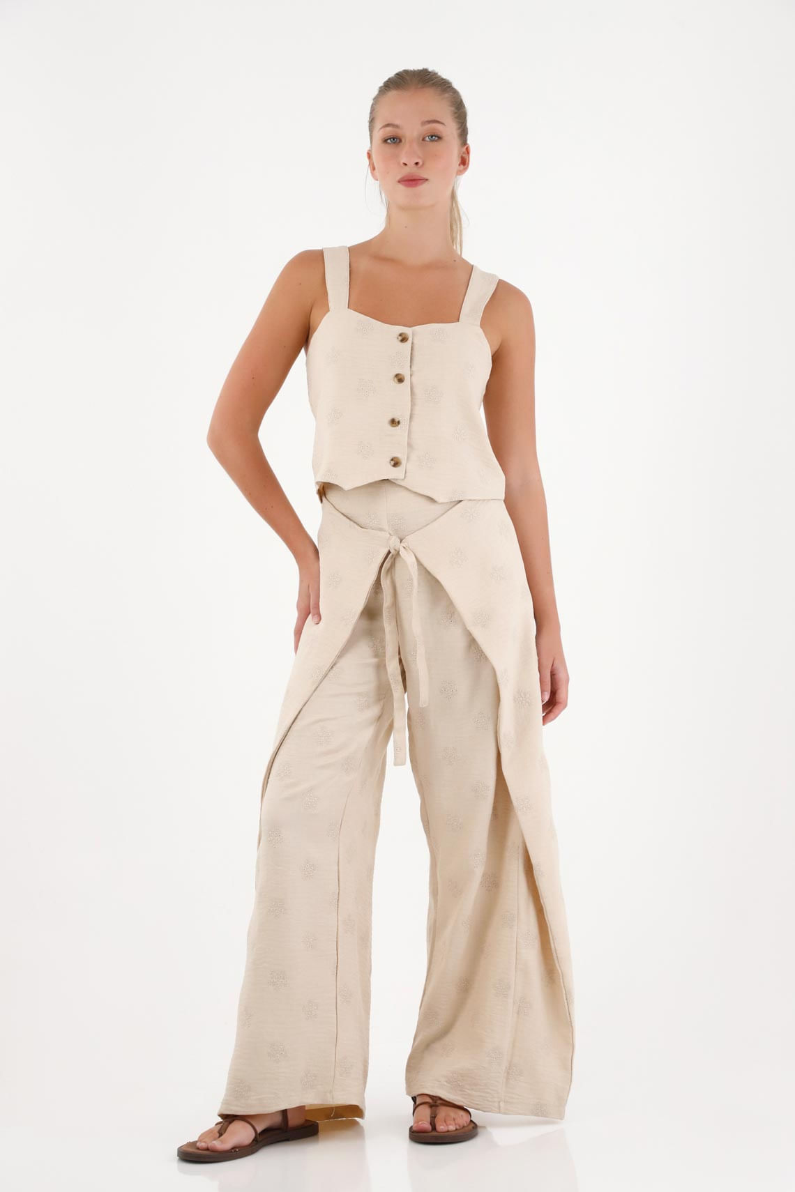 Pantalón para mujer de poliéster beige Wide leg con lazo frontal efecto pareo