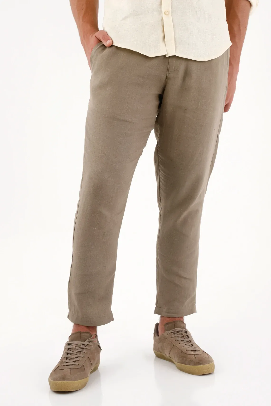 Pantalón para hombre en lino caqui recto tobillero con bolsillos