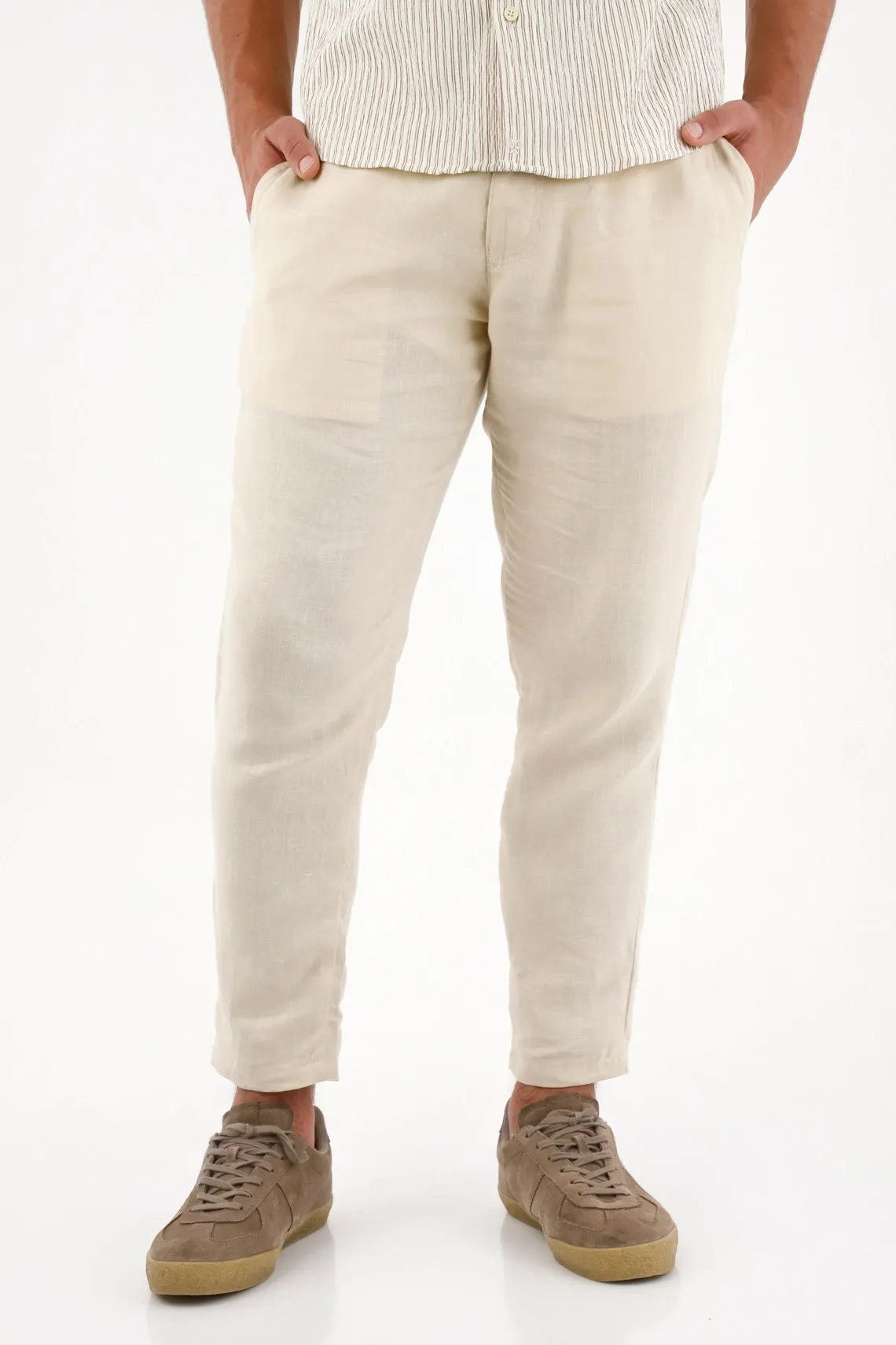 Pantalón hombre lino beige con corte cónico al tobillo