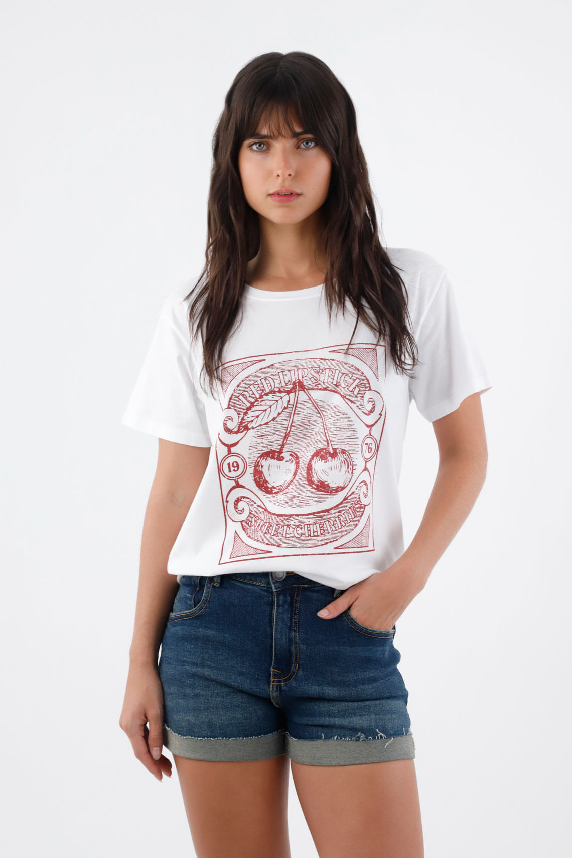Camiseta mujer algodón blanco fit relajado con cerezas