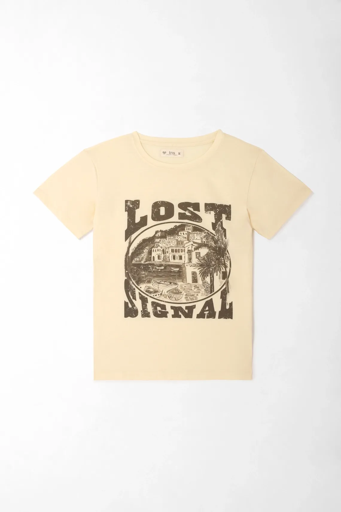 Camiseta para mujer algodón beige corte recto con estampado