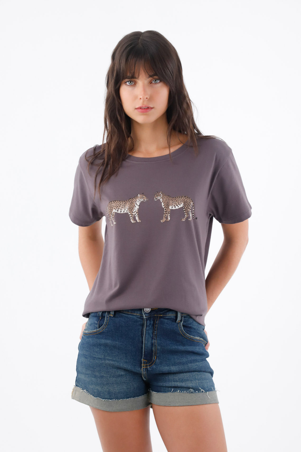 Camiseta gráfica para mujer en algodón gris relajada con felinos