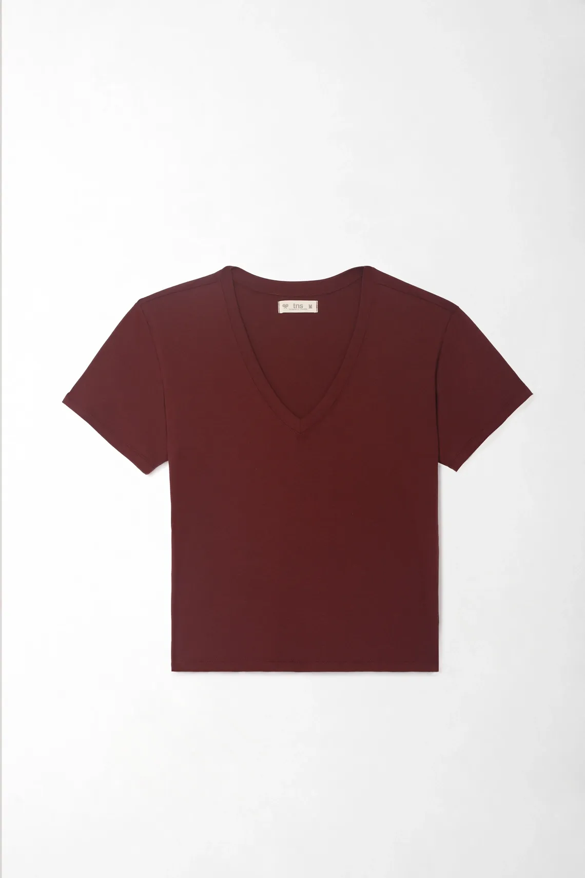 Camiseta para mujer en algodón granate con cuello en V