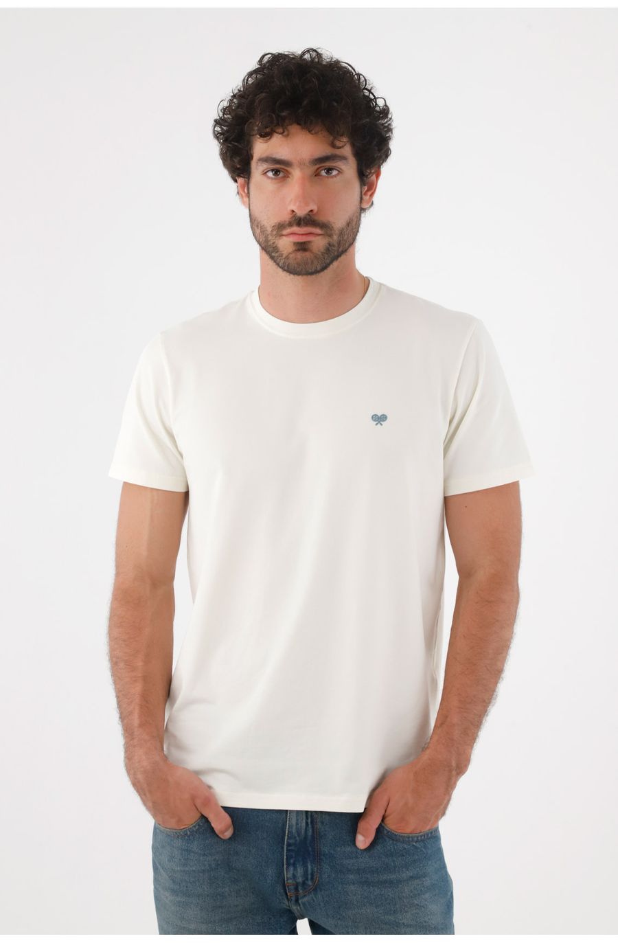 Camiseta para hombre de algodón blanca regular con mini raquetas en el pecho