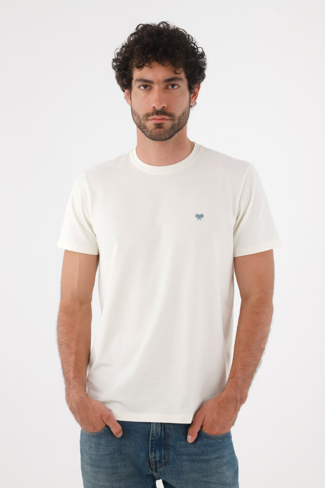 Camiseta para hombre de algodón blanca regular con mini raquetas en el pecho