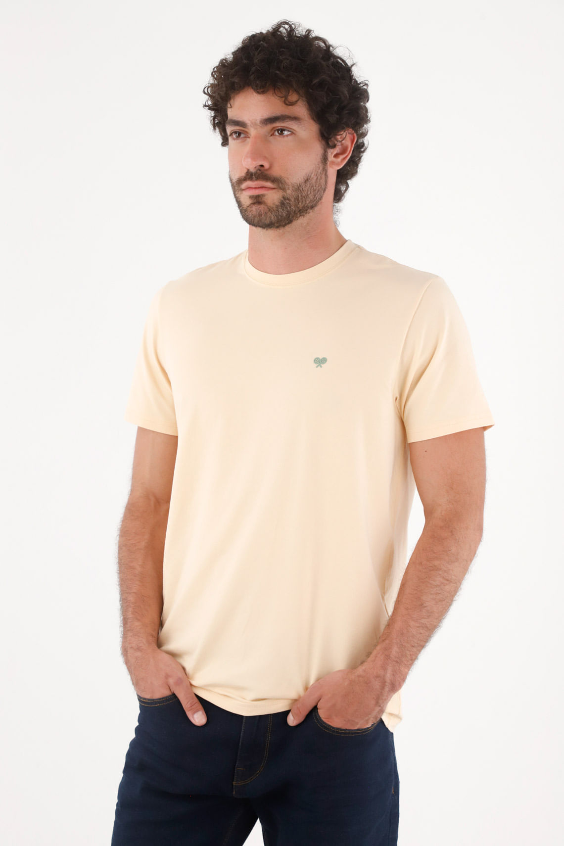 Camiseta para hombre de algodón beige claro regular con mini raquetas en el pecho