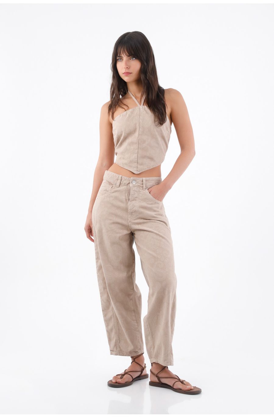 Top halter para mujer de algodón beige corto con tiras