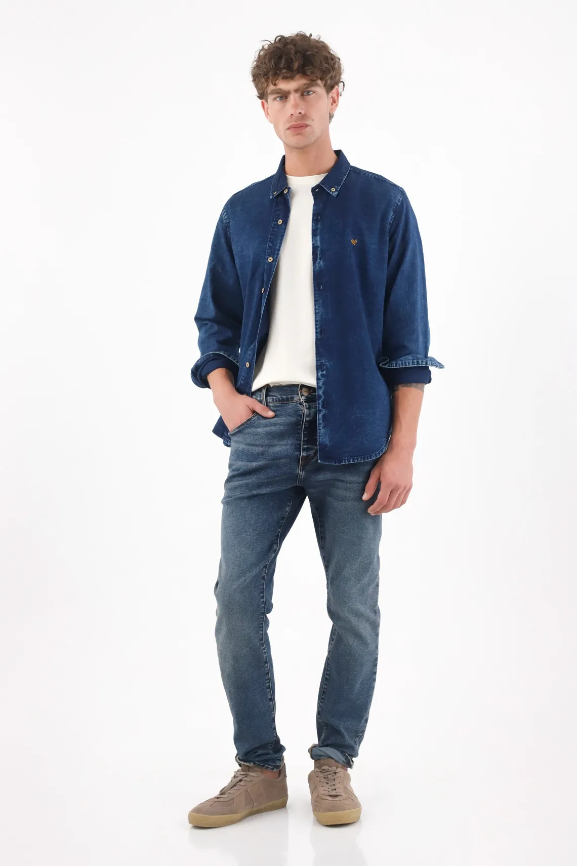 Camisa para hombre algodón índigo corte relajado con lavado