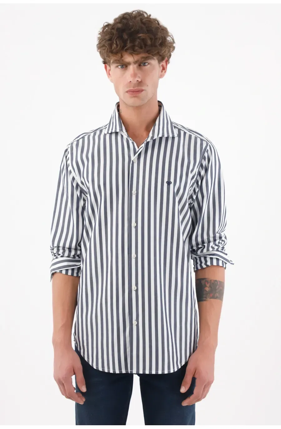 Camisa para hombre algodón azul a rayas corte recto preteñida