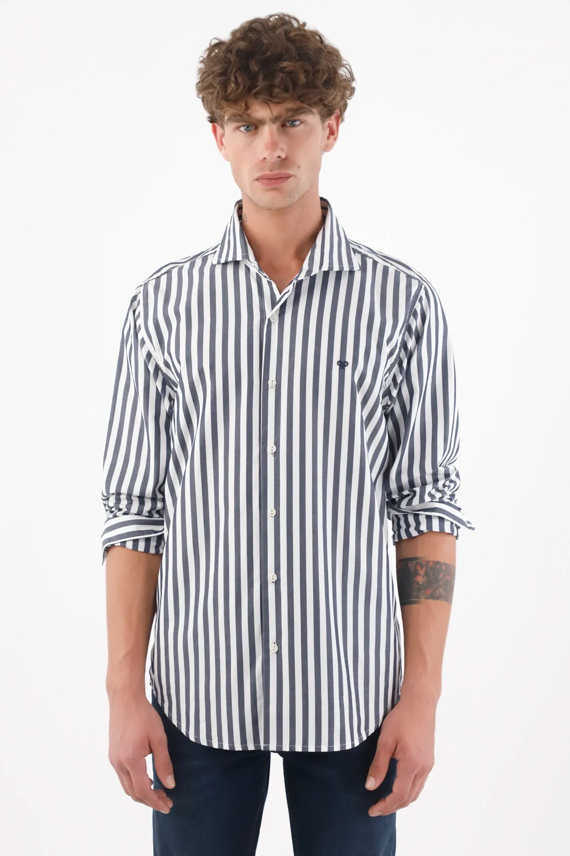 Camisa para hombre algodón azul a rayas corte recto preteñida