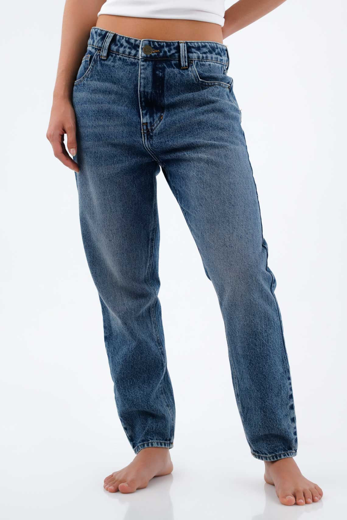 Jean para mujer de algodón azul mom fit con pretina