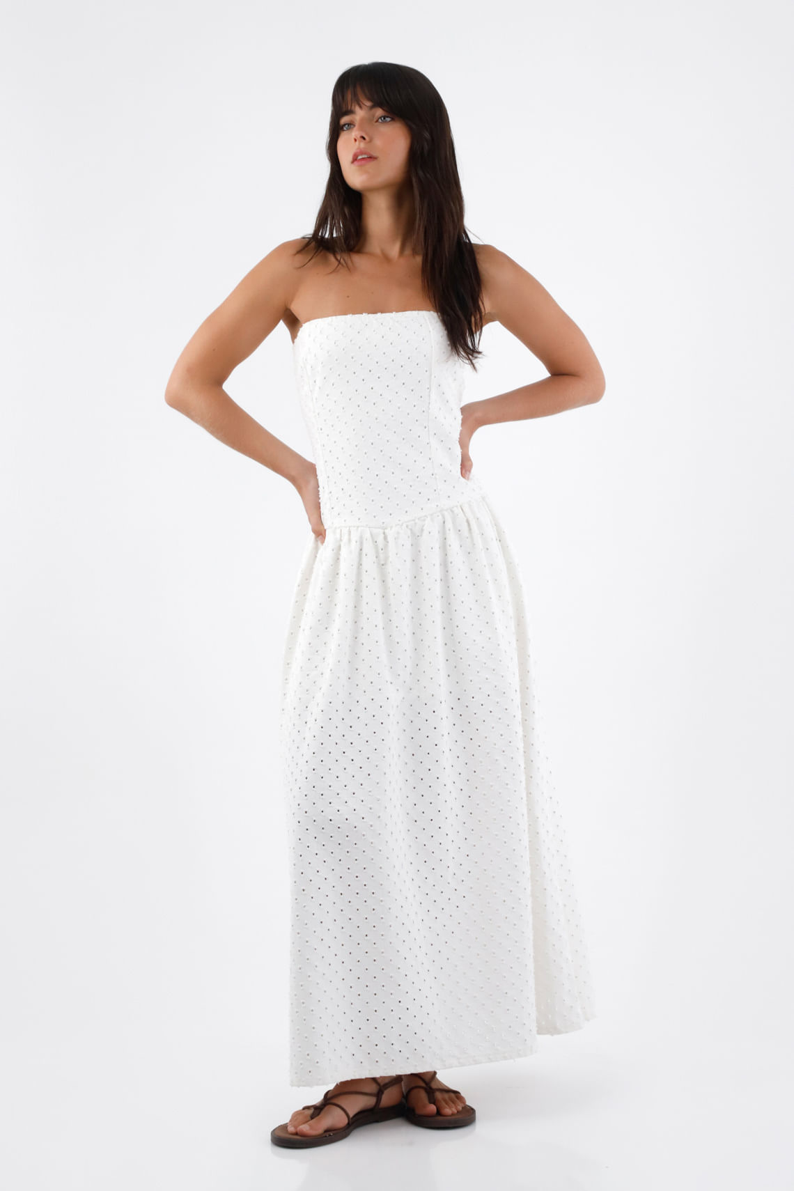Vestido para mujer algodón blanco midi sin tirantes con ojalillo