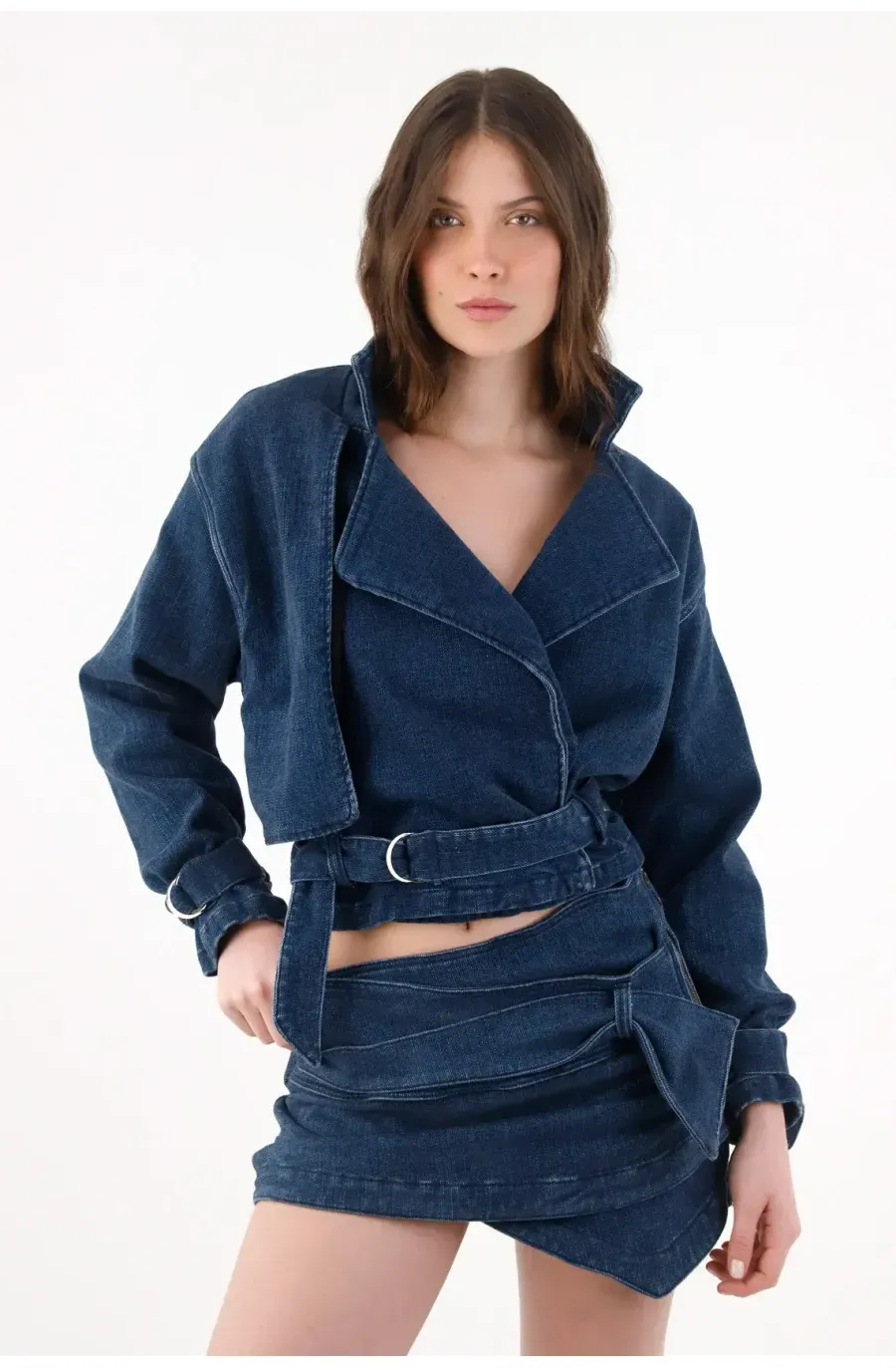 Chaqueta para mujer de algodón índigo cruzada con solapa amplia