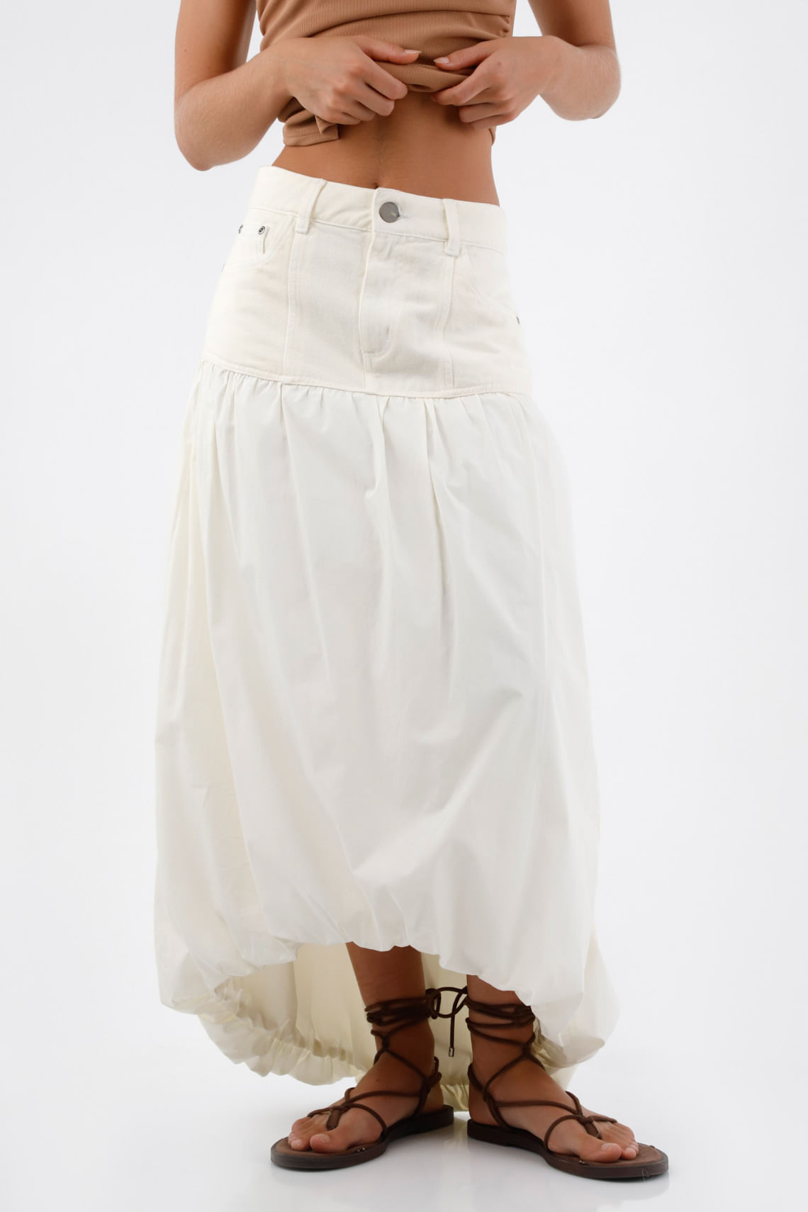 Falda larga para mujer de algodón blanca globo con frunce