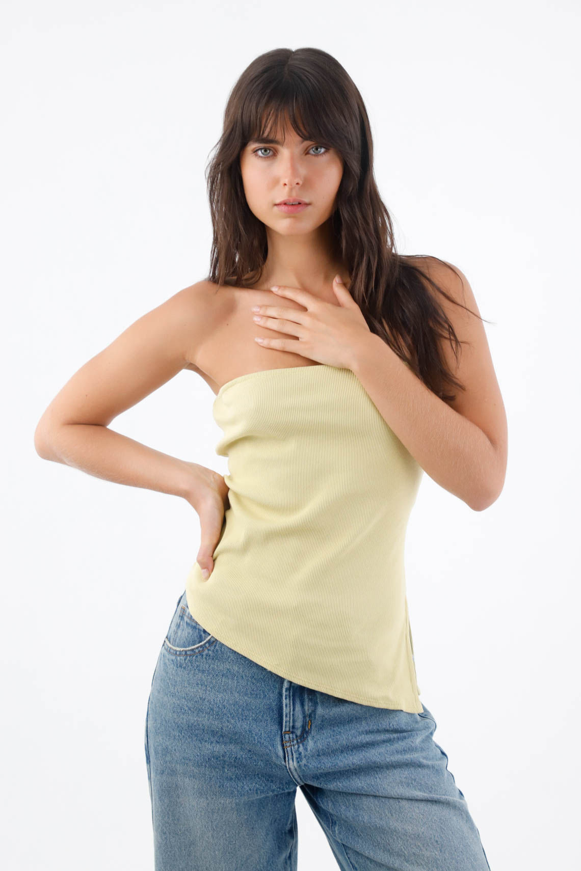 Top strapless para mujer de algodón amarillo pastel fit ceñido con tejido acanalado