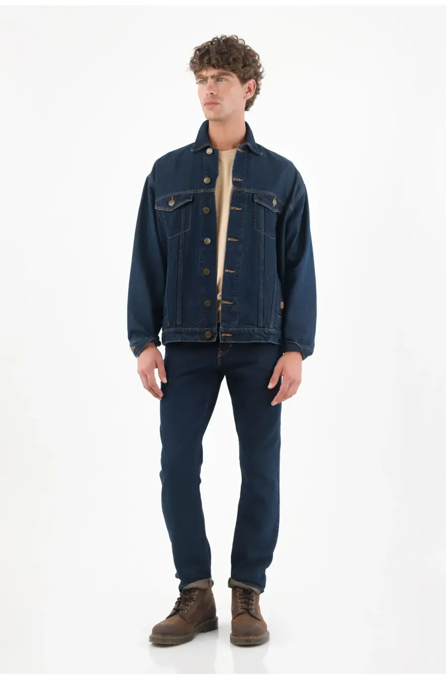 Cazadora denim para hombre de algodón azul índigo fit relajado con costuras en contraste