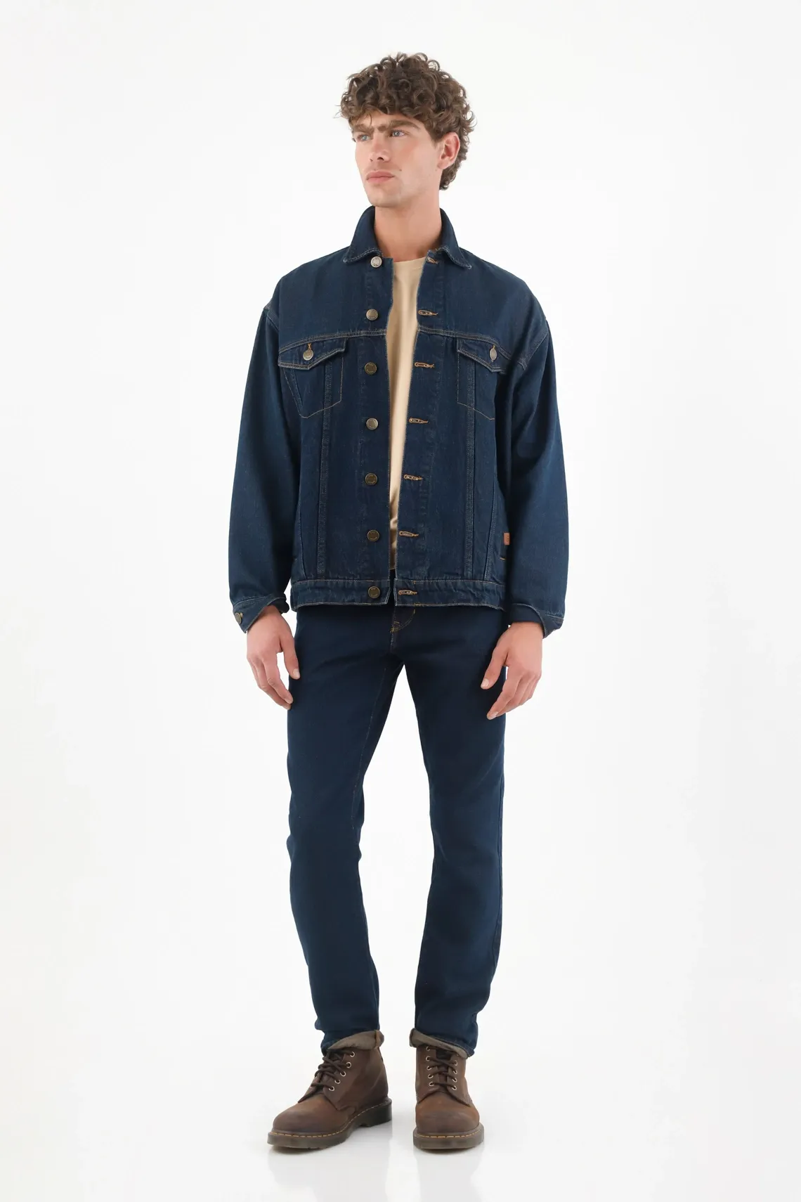 Cazadora denim para hombre de algodón azul índigo fit relajado con costuras en contraste