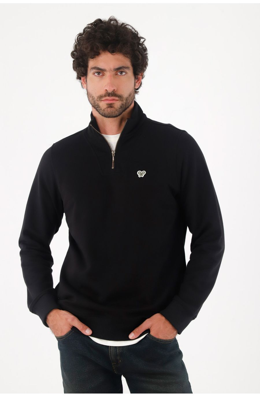 Buzo para hombre de algodón negro regular fit con cuello alto y media cremallera