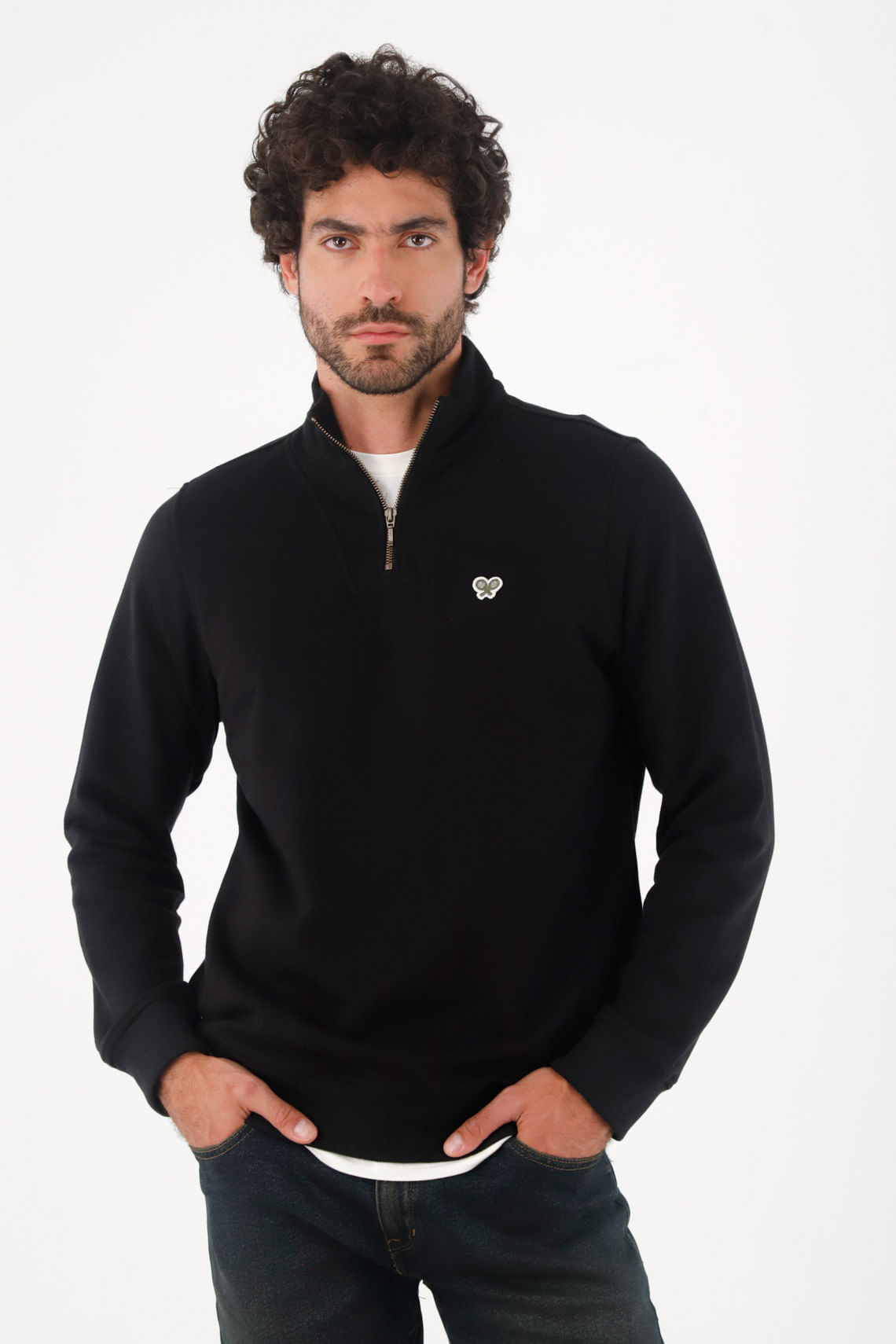 Buzo para hombre de algodón negro regular fit con cuello alto y media cremallera