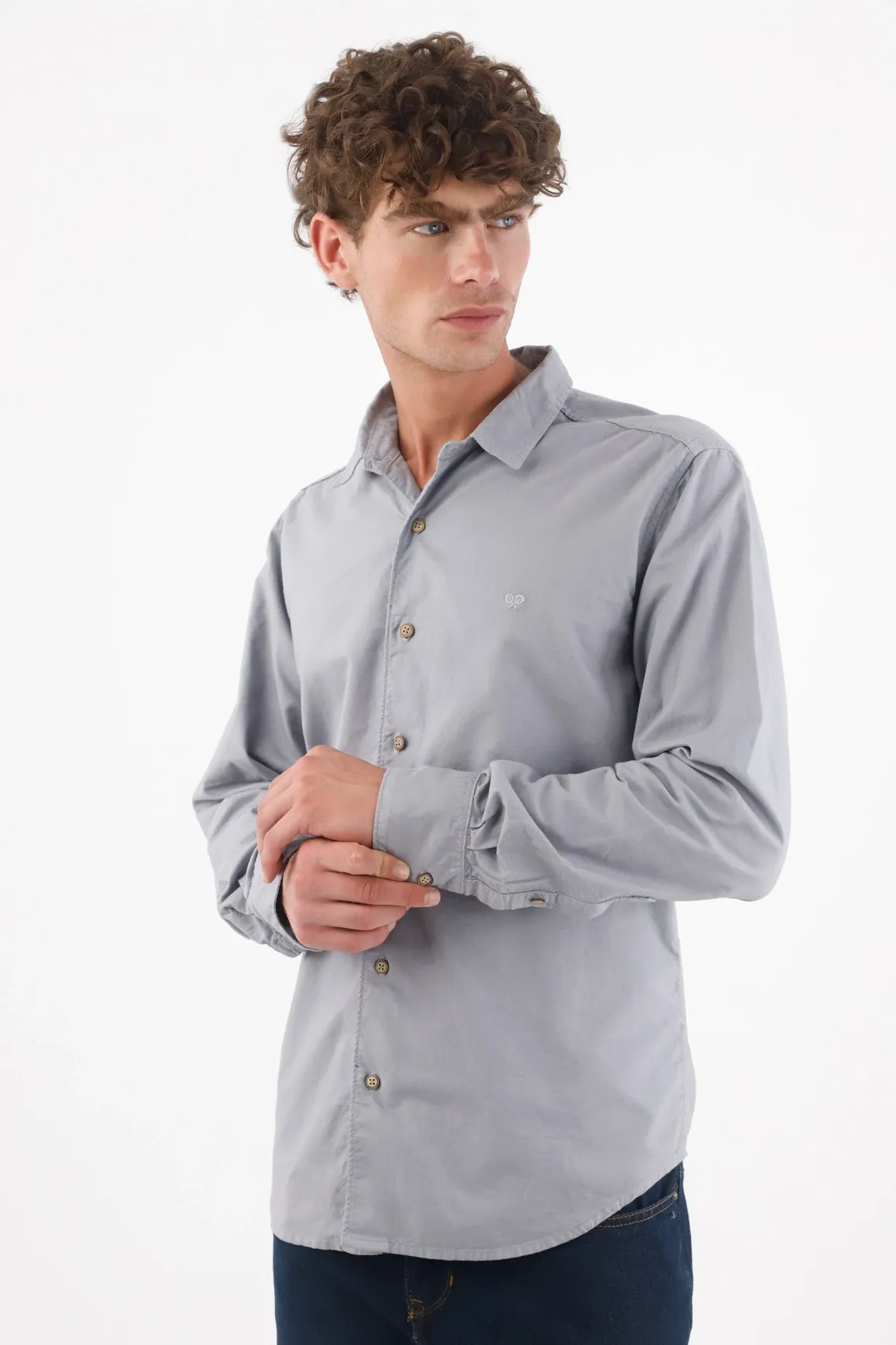 Camisa para hombre en algodón gris claro fit clásico con mini bordado de raquetas
