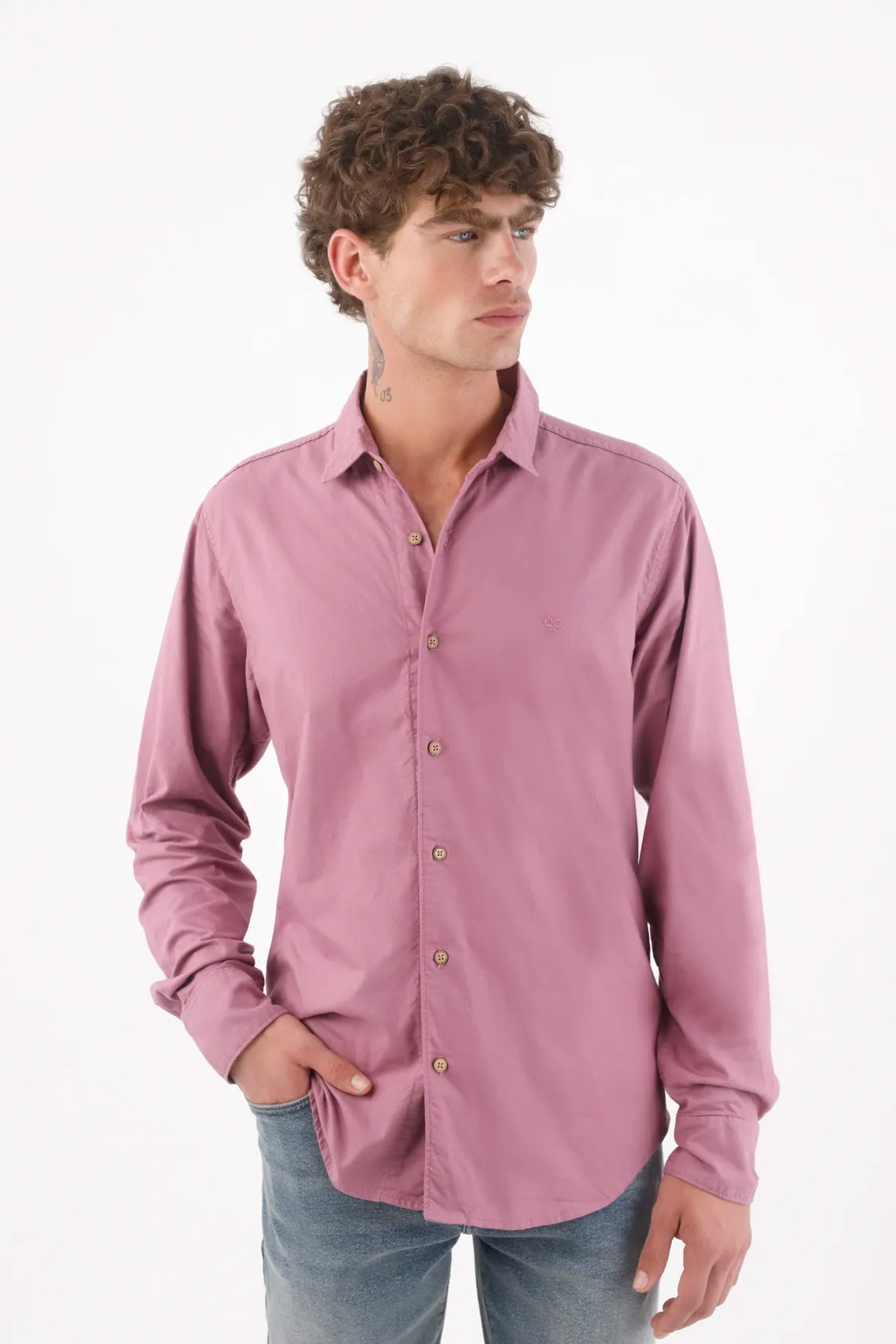 Camisa manga larga para hombre de algodón malva corte clásico con botones en contraste