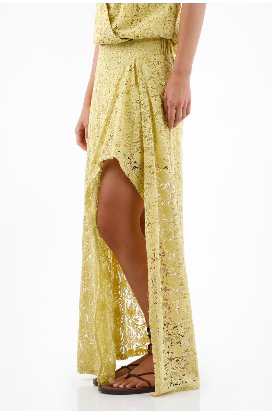 Falda larga para mujer en algodón amarillo pastel fit fluido con encaje floral