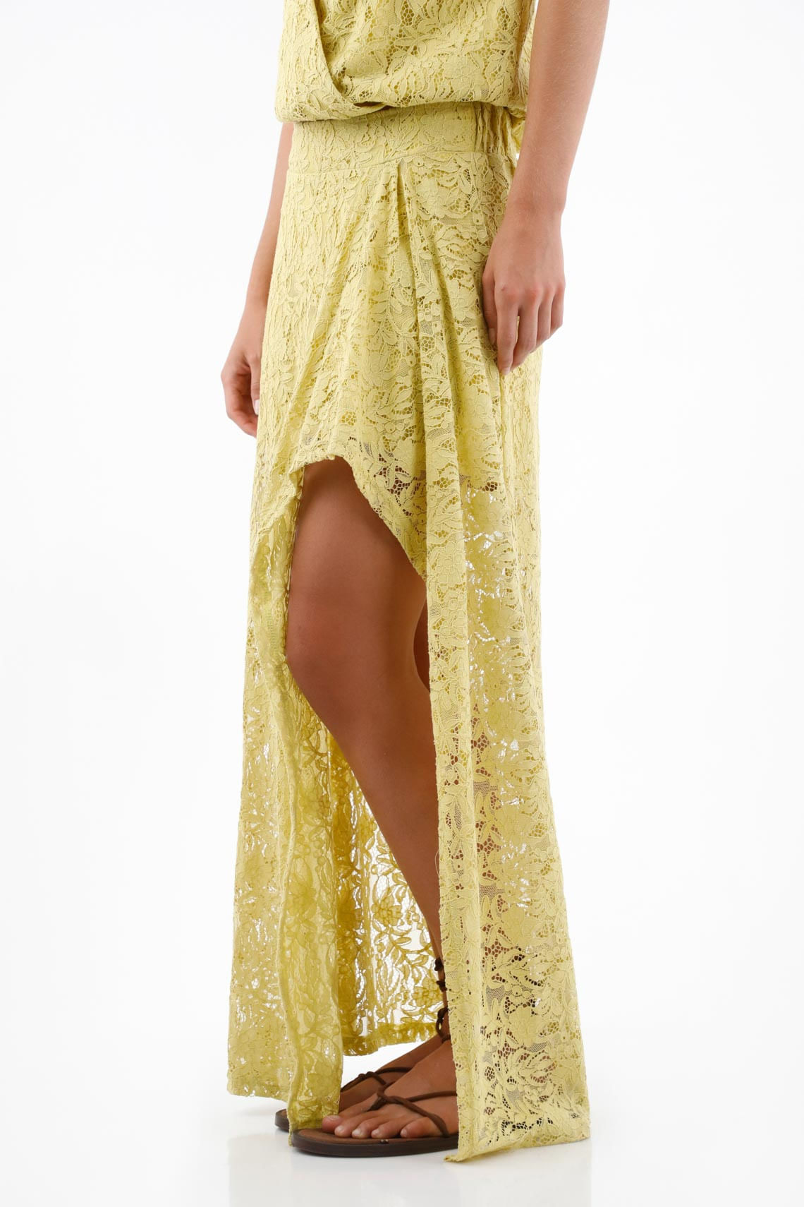 Falda larga para mujer en algodón amarillo pastel fit fluido con encaje floral