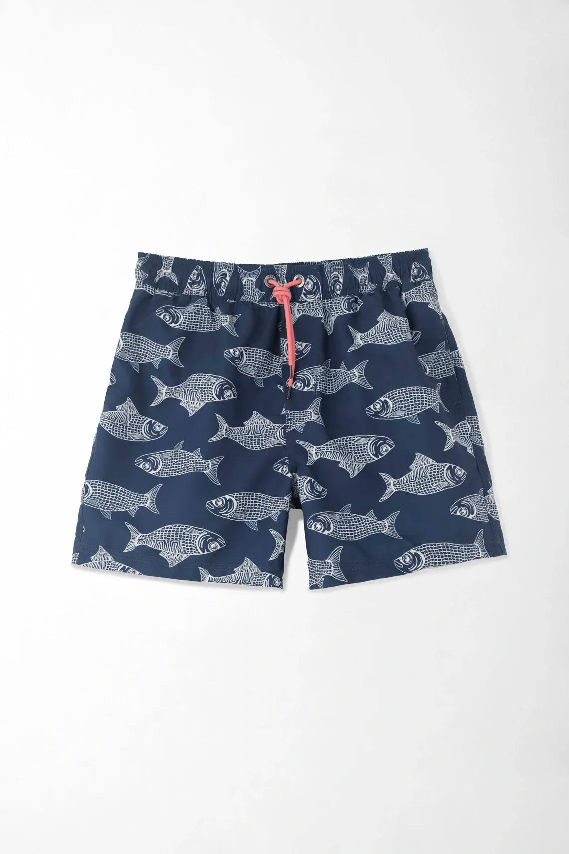 Pantaloneta de baño para hombre en poliéster azul marino corte recto con estampado de peces