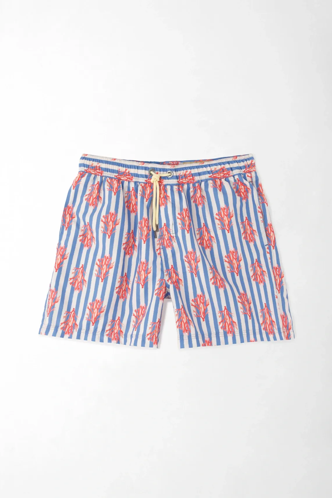 Pantaloneta de baño para hombre en poliéster azul fit clásico con estampado coral a rayas