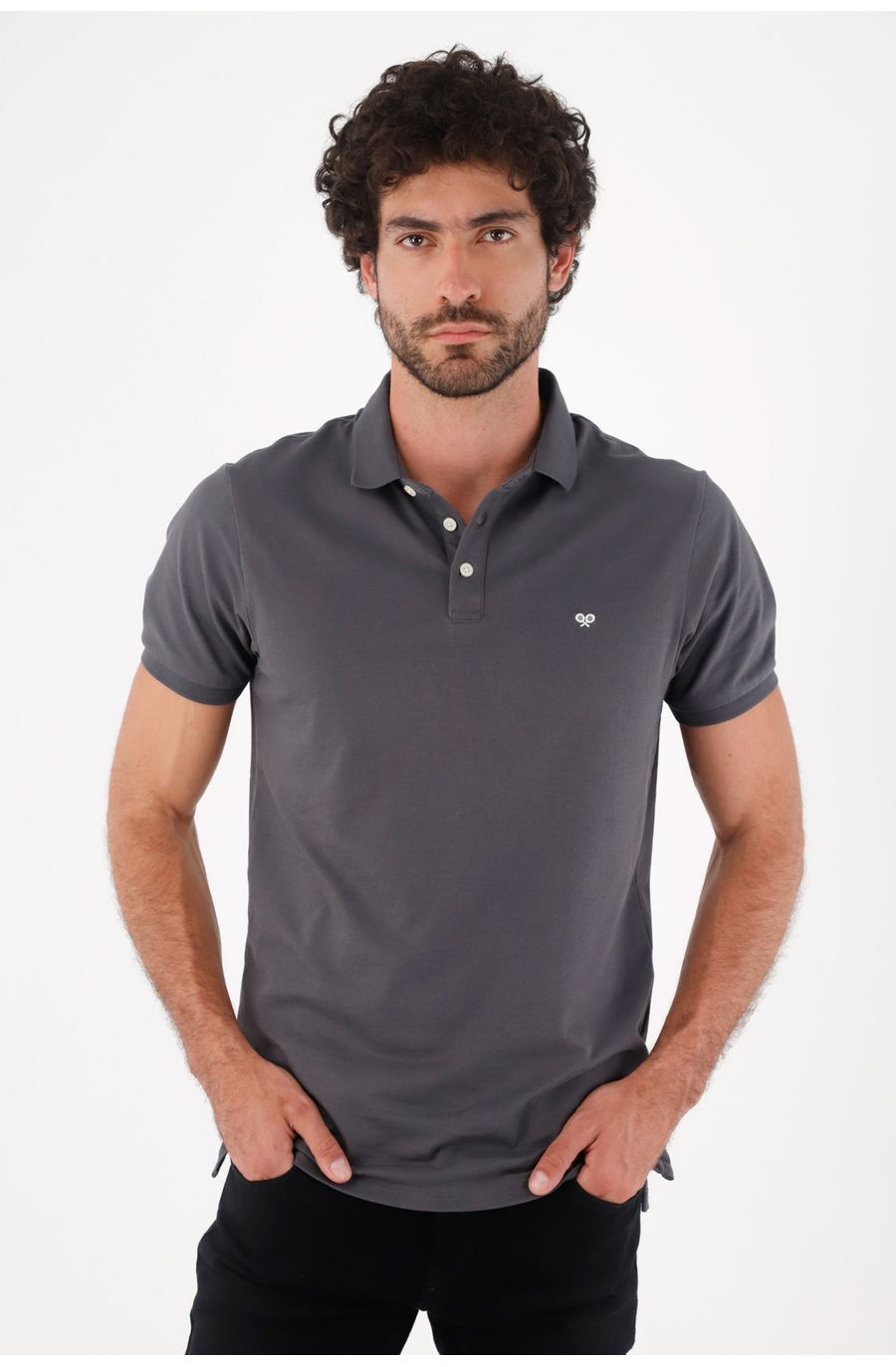 Polo para hombre de algodón gris oscuro fit regular con logo bordado